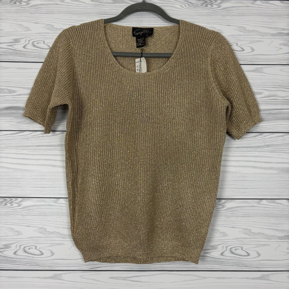 Suzelle Vintage Gold Metallic Polyester Ribbed Sweater Blouse Small NWT